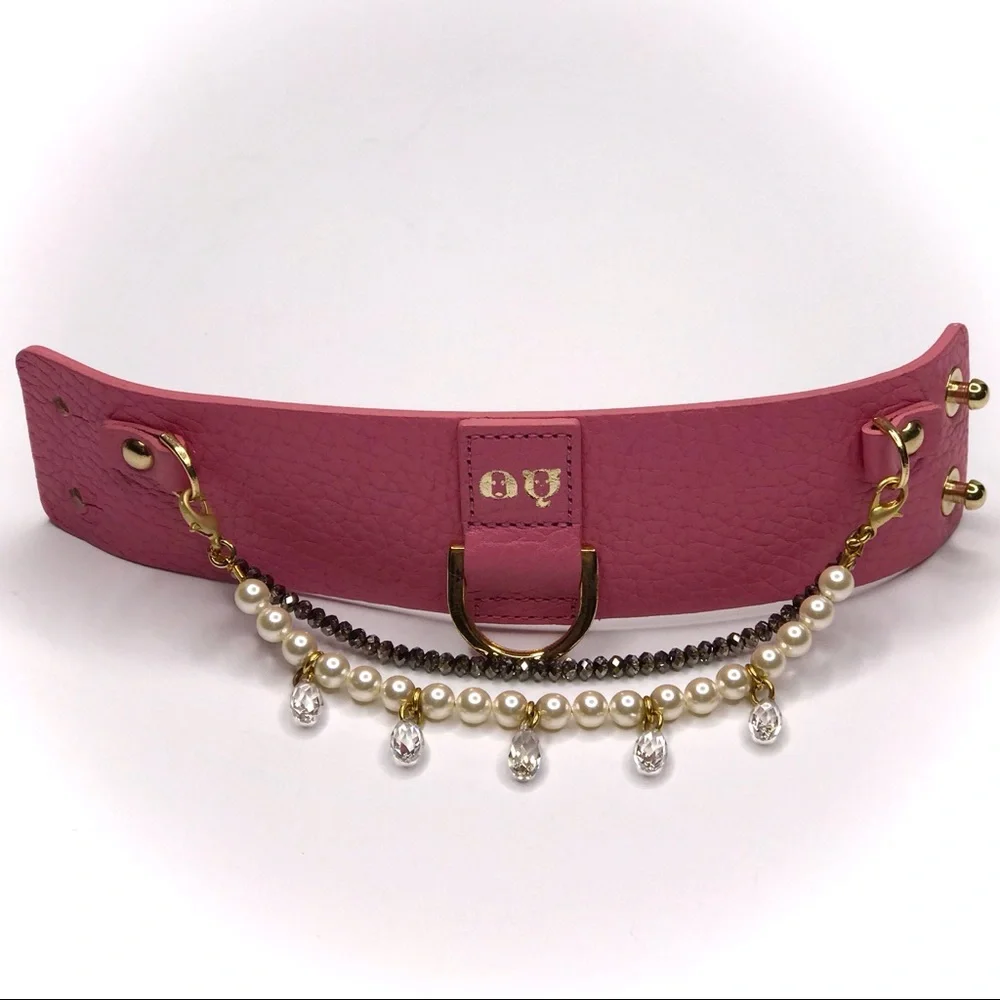MOSHIQA Pink Leather Pearl Bracelet Dog Leash Crystal Cuff Luxury Pet Frenchie - Picture 8 of 15